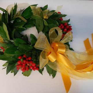 Coroncina  fiocco giallo con bacche di iperico 